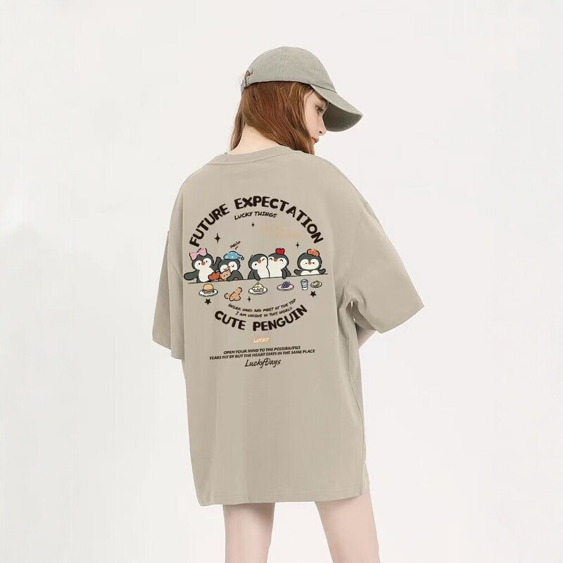 Pure Cotton Back-Neck Dopamine Loose Cartoon Penguin Print Short-Sleeve T-Shirt for Women, New Summer Japanese Style Cute Versatile
