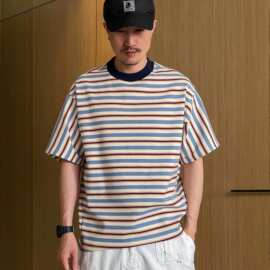 2026男士夏季彩虹韩系条纹撞色短袖T恤男青少年松弛感宽松男式T恤