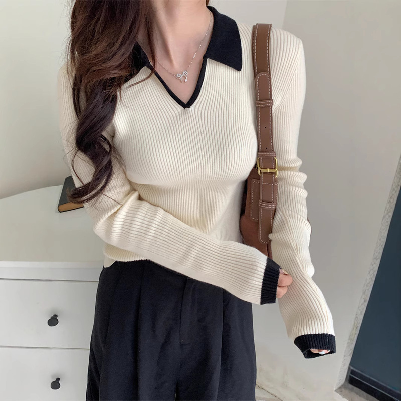 Weight 260g, Color-Blocked Polo Collar Long-Sleeve Knit Sweater for Women, Winter Slim-Fit Base Layer, Niche Top Weight 260g, Color-Blocked Polo Collar Long-Sleeve Knit Sweater for Women, Winter Slim-Fit Base Layer, Niche Top