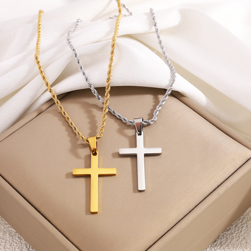 Titanium stalen kruis ketting voor heren met gedraaide schakel_voghion.com