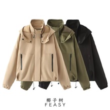 亚马逊跨境外贸欧美女装2024秋冬新款街头时尚连帽短款夹克外套