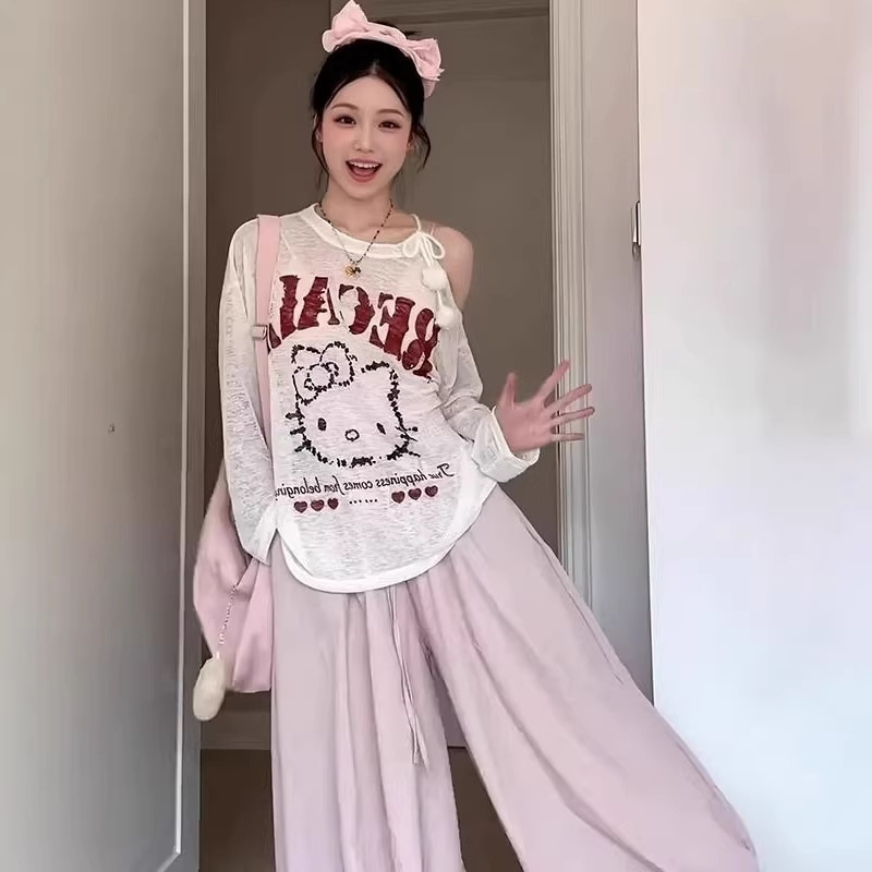 2026 Japanese Design-Inspired Niche Hello Kitty Print Long-Sleeve T-Shirt for Women, Summer Loose Off-Shoulder Sun Protection Cover-Up Trendy 2026 Japanese Design-Inspired Niche Hello Kitty Print Long-Sleeve T-Shirt for Women, Summer Loose Off-Shoulder Sun Protection Cover-Up Trendy