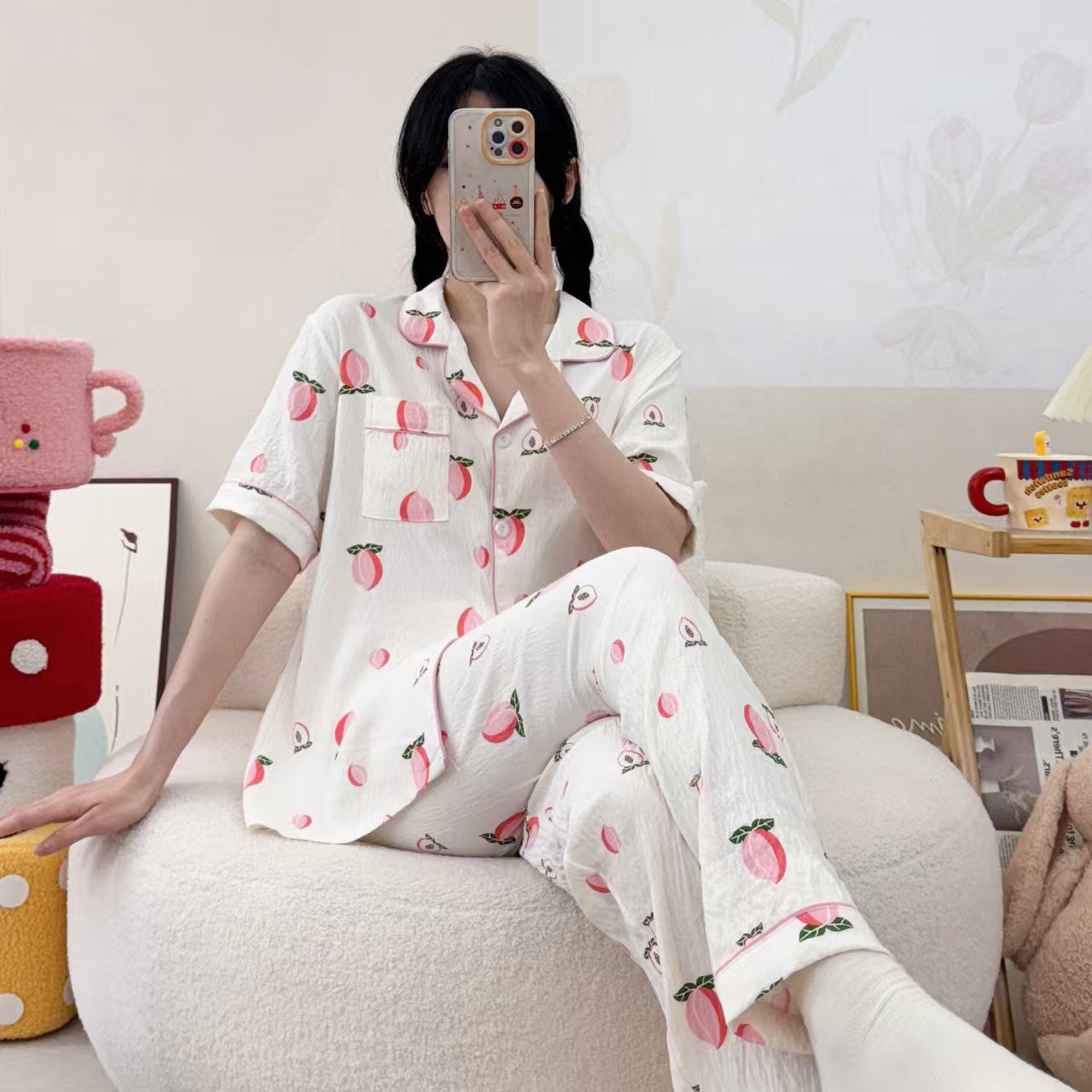 Comercio exterior al por mayor nubes de algodón de manga corta pantalones cardigans con la solapa pijamas de dibujos animados de mujer verano dulce ropa doméstica transfronteriza