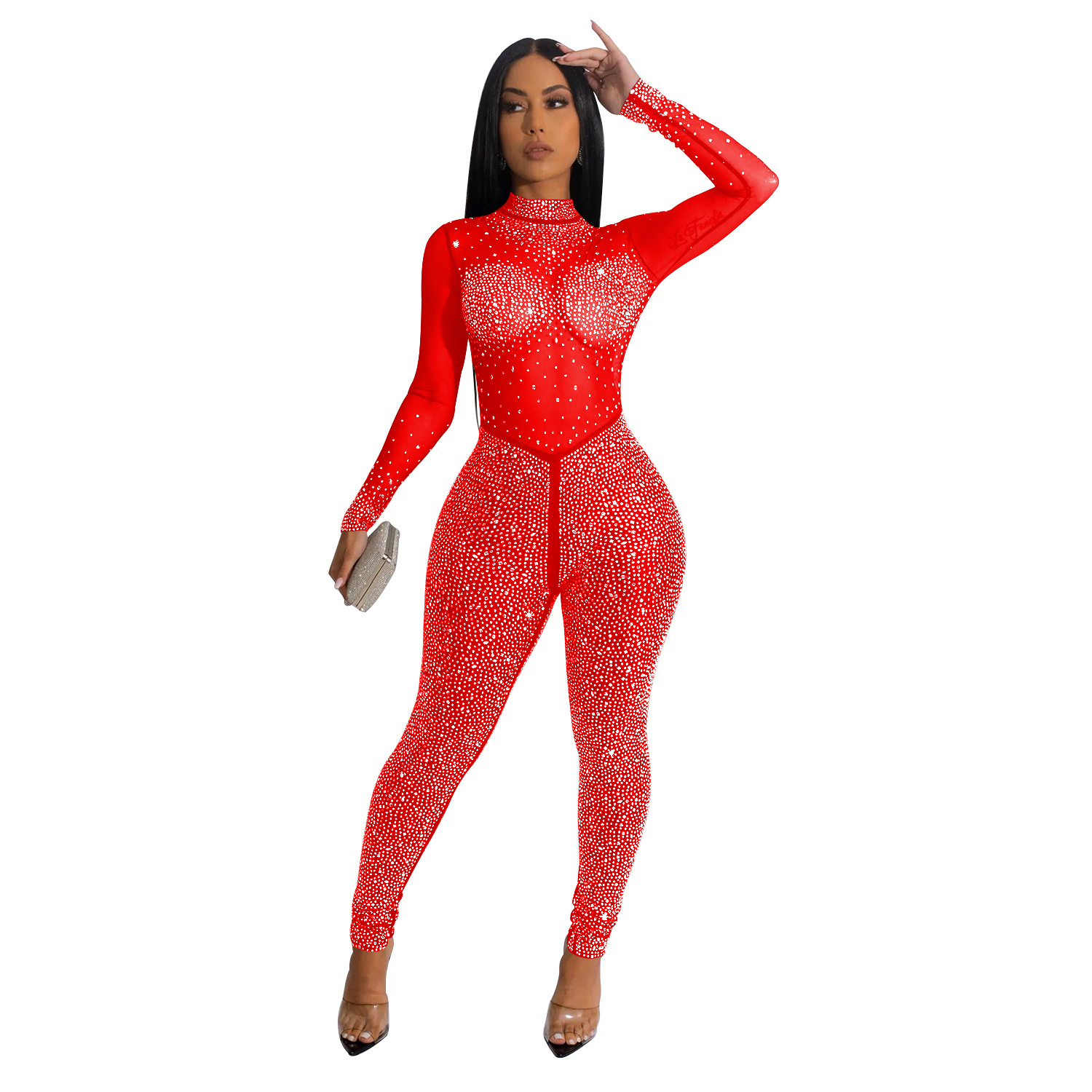 315g Weight Long Sleeve Sleeve Length Ankle-Length Pants Length Spandex, Polyester Fabric Type Mid Waist Waist Line Jumpsuits Pants Type Stretchy Elasticity Bodysuits Tops Type Party, Cocktail Party Occasion Skinny Fit Type Solid Color Pattern Spring, Autumn Season Women's Gender Diamond Design Hip-Hop Style Women's Party Cocktail Party Bodysuits Hip-Hop Solid Color Ankle-Length Diamond Jumpsuits 17