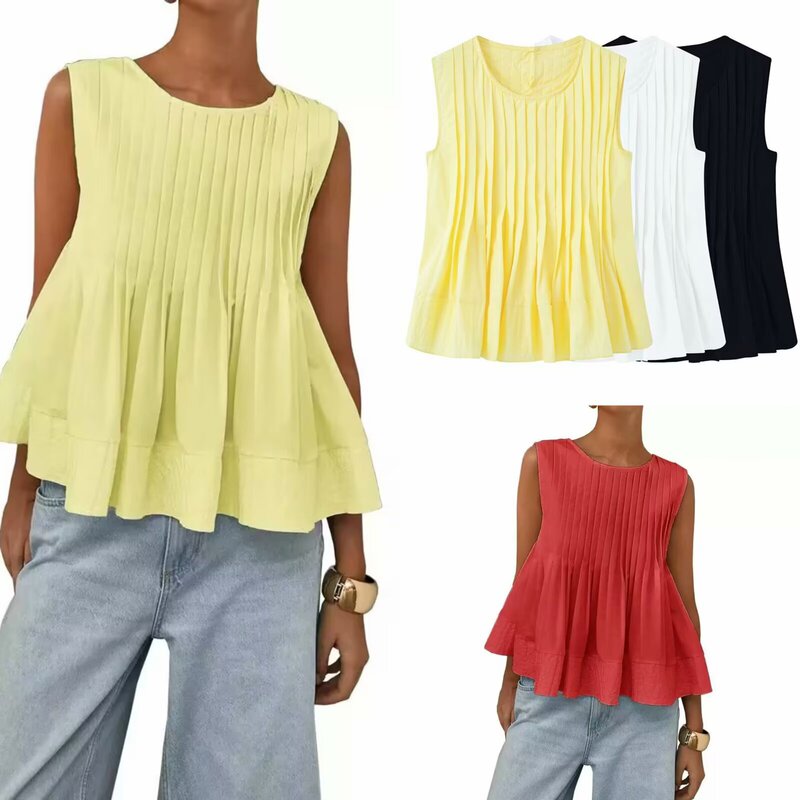 Ysj25072 25 New European and American Amazon Fashion New Women's Pleated Slim Loose Vest Shirt