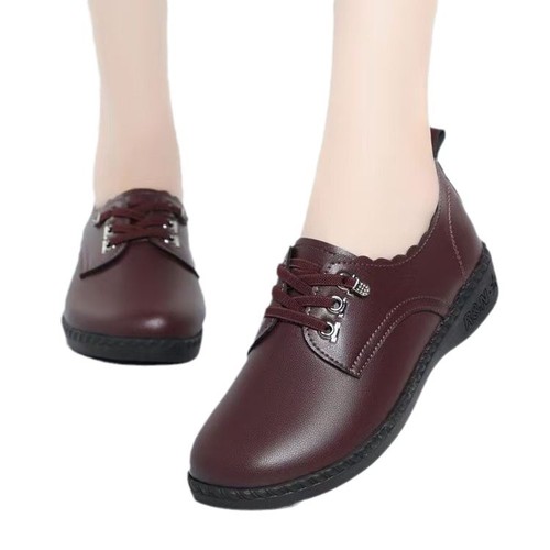 Mama Women's Spring Soft Leather Soft Sole Ankle Boots 2025 Single Shoes for Middle-Aged and Elderly Women Flat Slip-Resistant Comfortable Work Small Leather Shoes