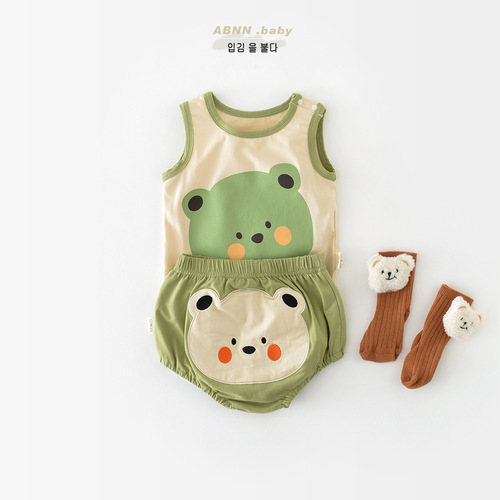 Infant summer suit children's new cartoon sleeveless vest male and female baby cute big pp pants newborn