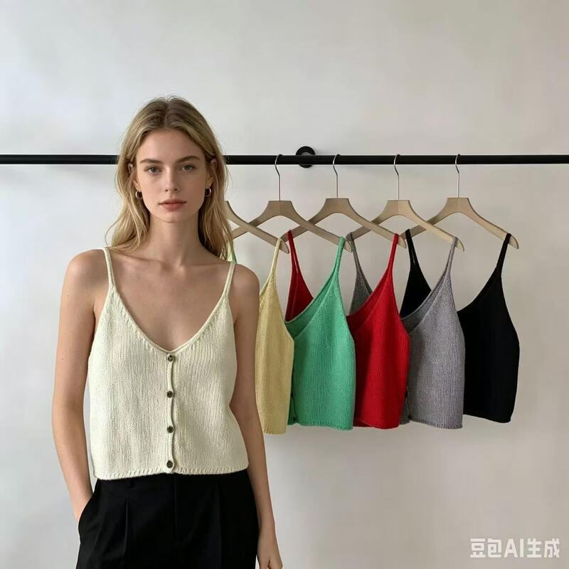 Cross-Border European and American Style Solid Color Short Knitted Vest Amazon Women's Outerwear Simple Single-Breasted Camisole Vest Cross-Border European and American Style Solid Color Short Knitted Vest Amazon Women's Outerwear Simple Single-Breasted Camisole Vest