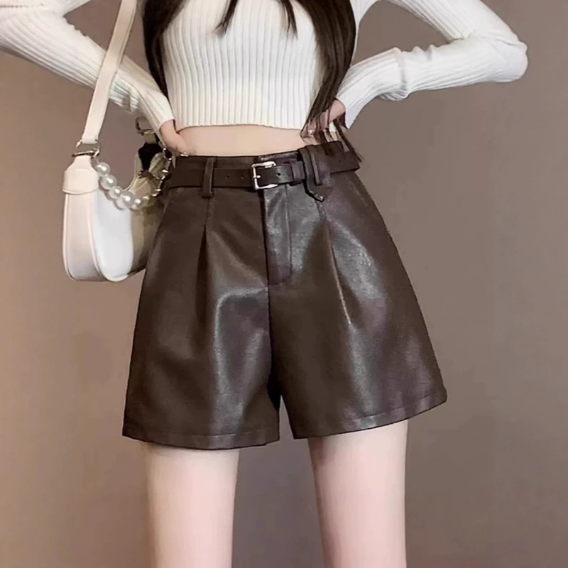 2024 Autumn and Winter New PU Leather Wide Leg Shorts Women's High Waist Slimming Design Sense Casual Loose Base Leather Boots Pants