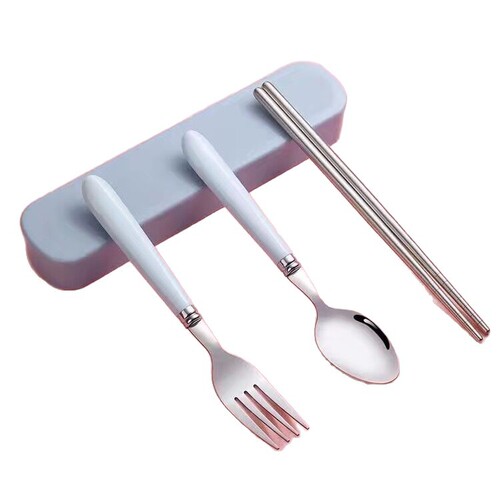 Stainless steel fork spoon chopsticks tableware set, wheat portable student outdoor knife fork spoon mealware set with storage