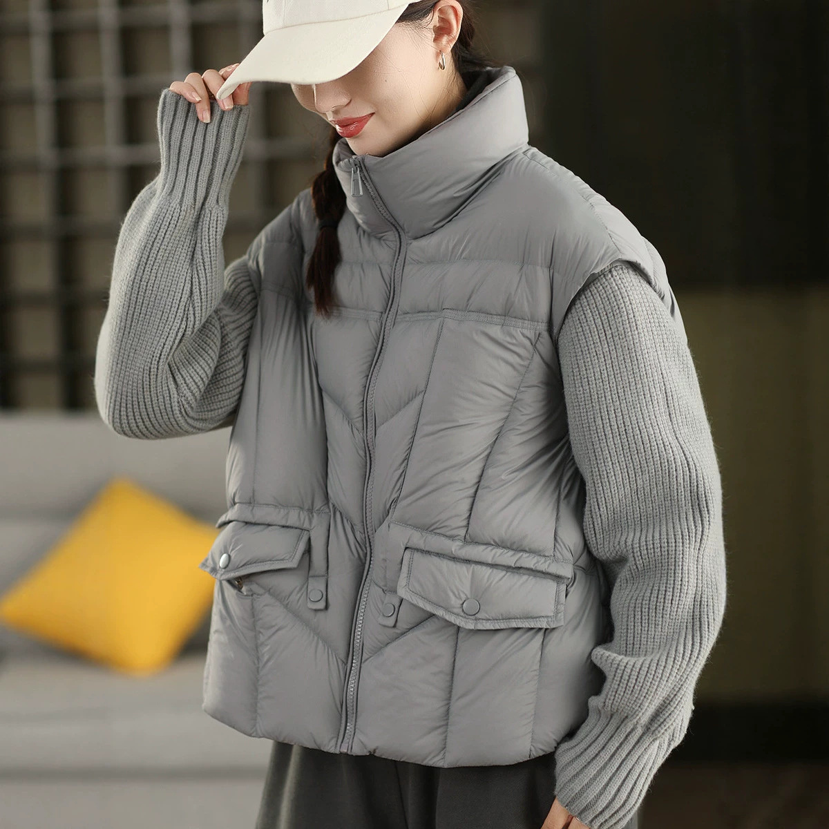 2026 Winter New Fashion Knit Patchwork Down Jacket for Women, Faux Two-Piece Design, 90% White Duck Down, Warm and Thick Coat, Trendy
