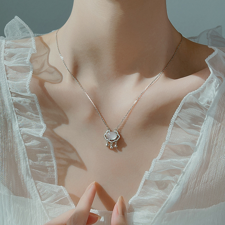s925 Sterling Silver Ruyi Safe lock Necklace Nephrite  Chalcedony clavicle Full bore temperament Longevity lock Jewelry