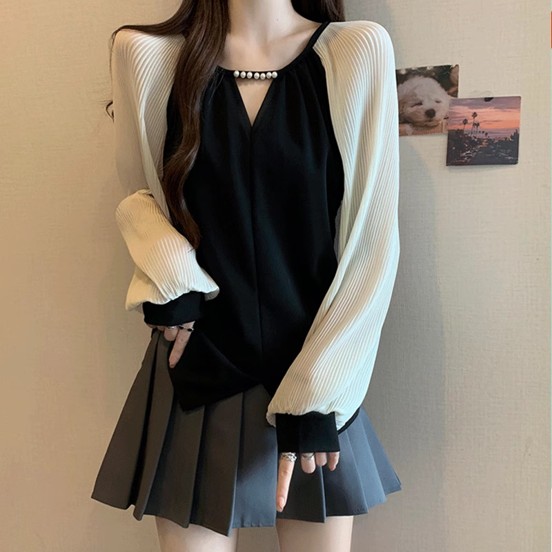 [Original Workmanship] High-End Stitching Contrasting Round Neck Long-Sleeved T-Shirt for Women, Fashionable and Versatile Bottoming Shirt to Reduce Age