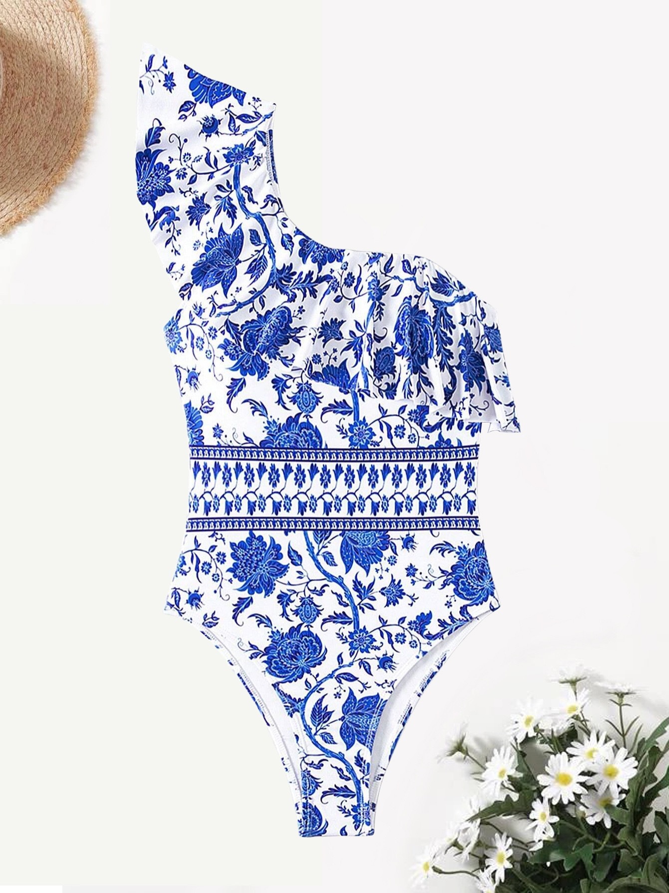 201g Weight Sleeveless Sleeve Length Polyester Fabric Type Regular Top Length Bodysuit Tops Type Swimming Occasion One Shoulder Neckline Skinny Fit Type Flower Pattern Women's Gender Bohemian Style Women's Bohemian Flower One Piece Swimwear 6
