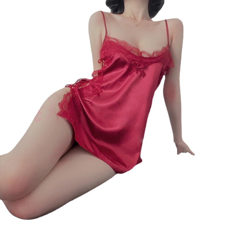 Amor sexy Lencería dividida Correa hueco-fuera sexy camisón satén gasa seductora Falda corta traje de encaje