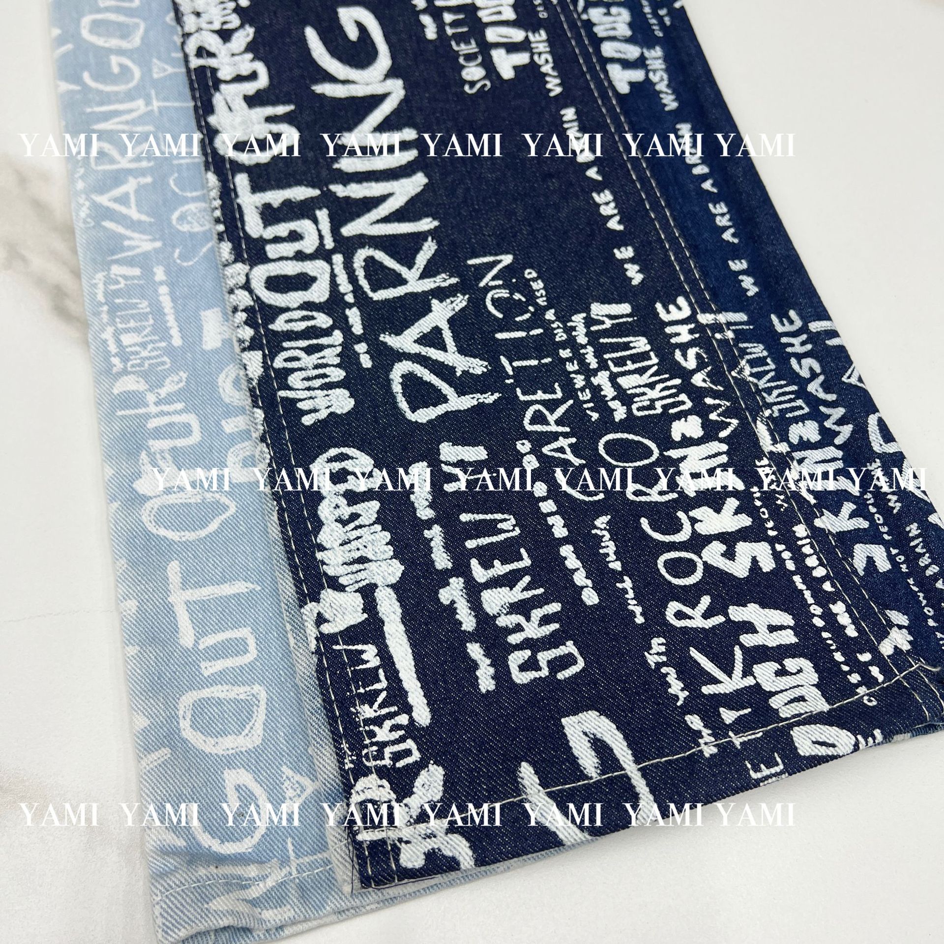 Fábrica de mezclilla al por mayor 7*7 Algodón Shandong Denim izquierda sarga no elástico Inglés carta de mezclilla de tela impresa image 3