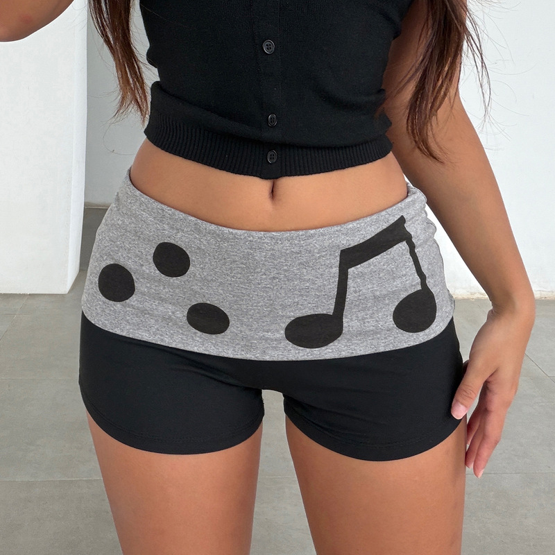 Cross-Border American-Style Casual Sexy Hot Girl Shorts with Musical Note Print and Color-Blocking, Women's Street Style Sports Fashion Versatile Hot Pants