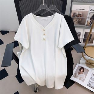 V-neck new plus fat plus size slim loose long short sleeve T-shirt female 200/300/175.00kg 7180