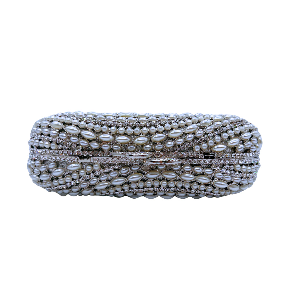 Túi clutch dạ tiệc đính kim cương rỗng lá phong cách mới — Màu trắng, Ngọc trai bạc, Bạc pha lê trắng, Màu sâm panh chi tiết 10