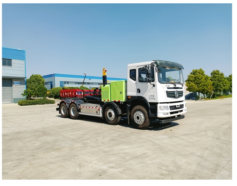 Blue license plate Dongfeng pure electric hook-lift garbage truck, detachable cargo box garbage truck, 2-8 cubic meters box capacity