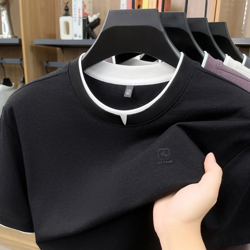 [Outlet Discount] Paul Linen Cotton Double Collar Short Sleeve T-Shirt for Men, Summer American Style Casual Fake Two-Piece Top