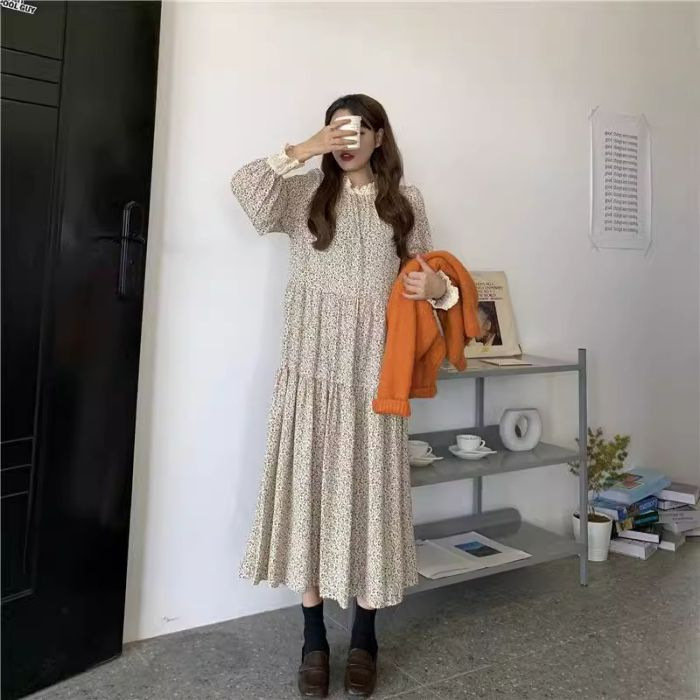 碎花蕾丝拼接长袖秋冬季新款复古法式女装梗裙宽松内搭打底连衣裙|undefined