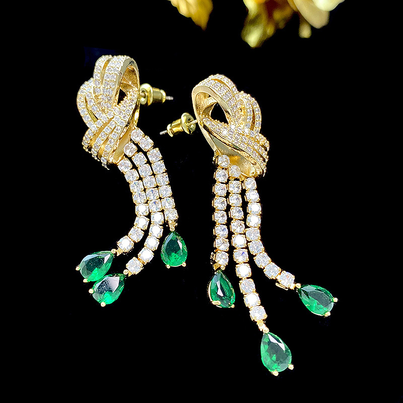 1 Pair Lady Water Droplets Knot Tassel Inlay Copper Zircon Drop Earrings display picture 6