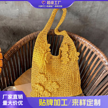 跨境2026新款文艺钩针花朵单肩包松弛感大容量沙滩海边度假编织包