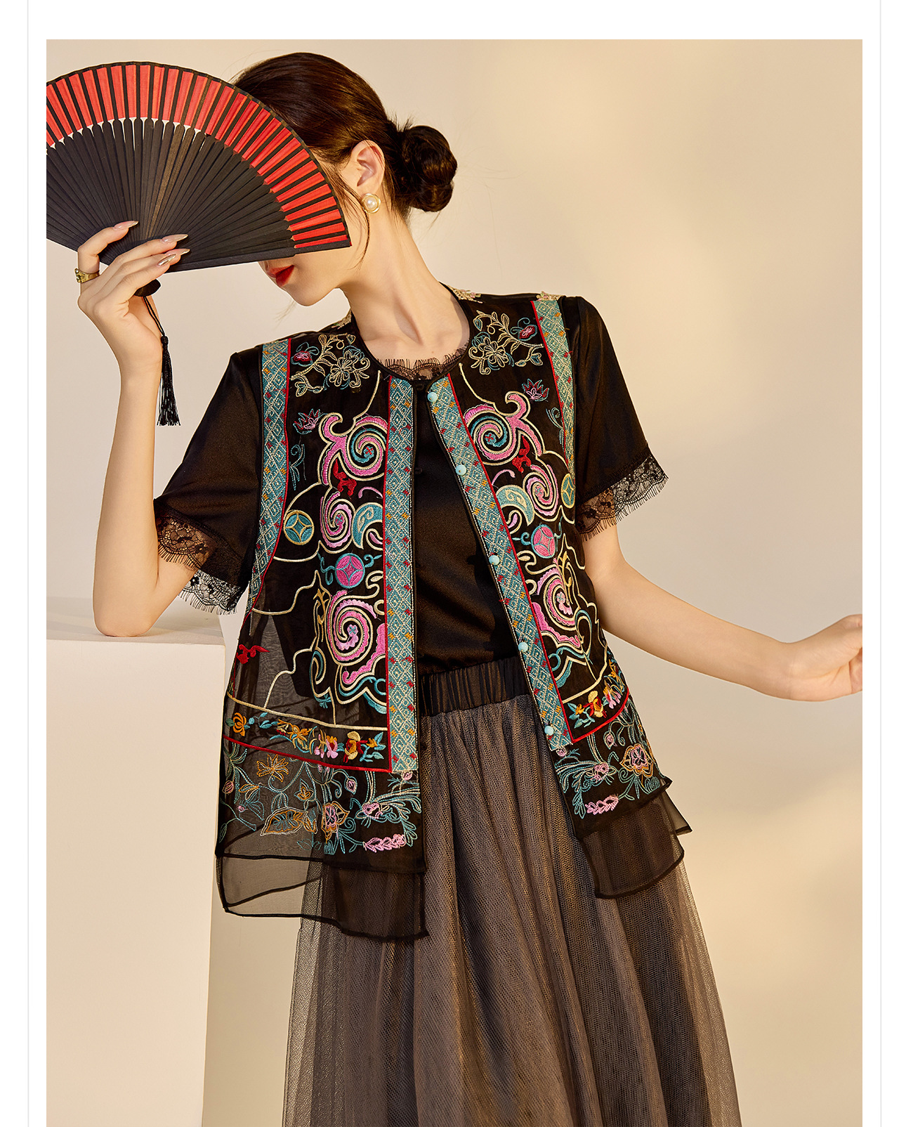 Áo vest cổ đứng phong cách retro Trung Hoa, thiết kế thêu, chất liệu tơ dâu tằm, mẫu ZX N4045 — Màu đen, Hồng mơ chi tiết 27