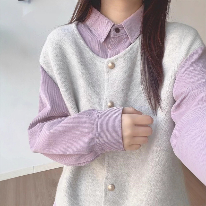 High-End Light Purple Long-Sleeved Shirt for Women with Base Layer 2025 Autumn and Winter New Corduroy Top Layered Jacket