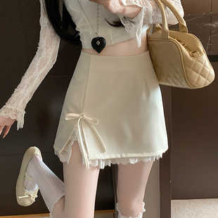 甜美風蝴蝶結系帶半身裙女春夏季設計感花邊小個子防走光包臀短裙