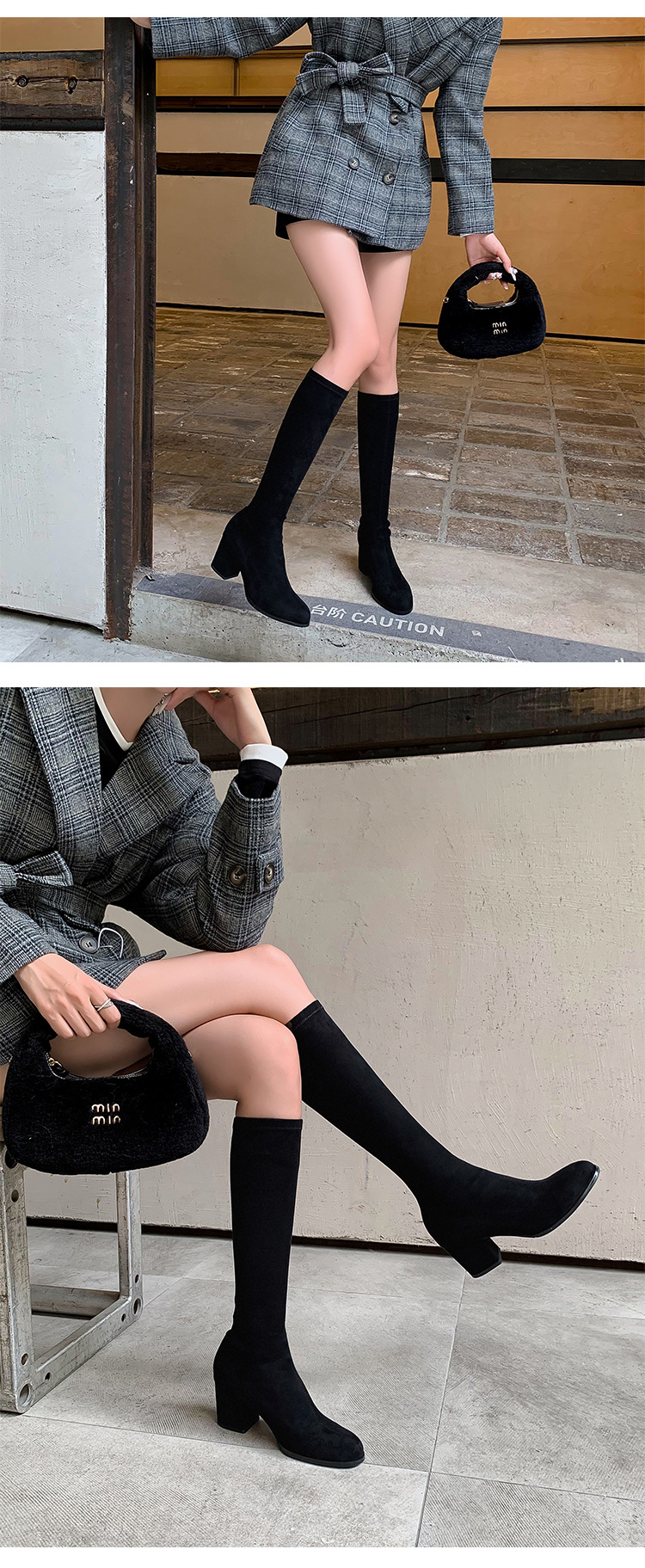 Boot nữ cổ cao ôm bắp chân mũi tròn gót vuông đế dày da lộn — Lớp lót đơn trên đầu gối màu kaki chi tiết 34