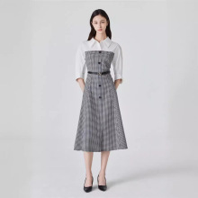 韩国J家简约气质知性衬衫领拼接连衣裙中长裙JP4-A0-0P513