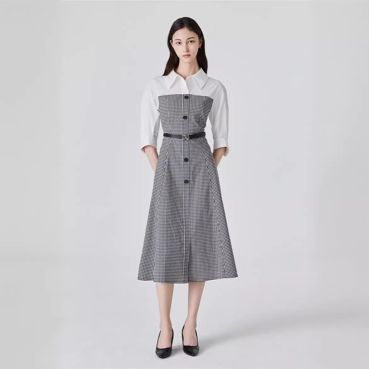 韩国J家简约气质知性衬衫领拼接连衣裙中长裙JP4-A0-0P513