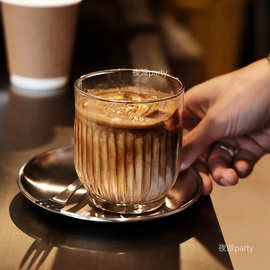 咖啡杯玻璃杯杯子澳白拿铁美式ins风透明玻璃日式饮料杯条纹玻璃