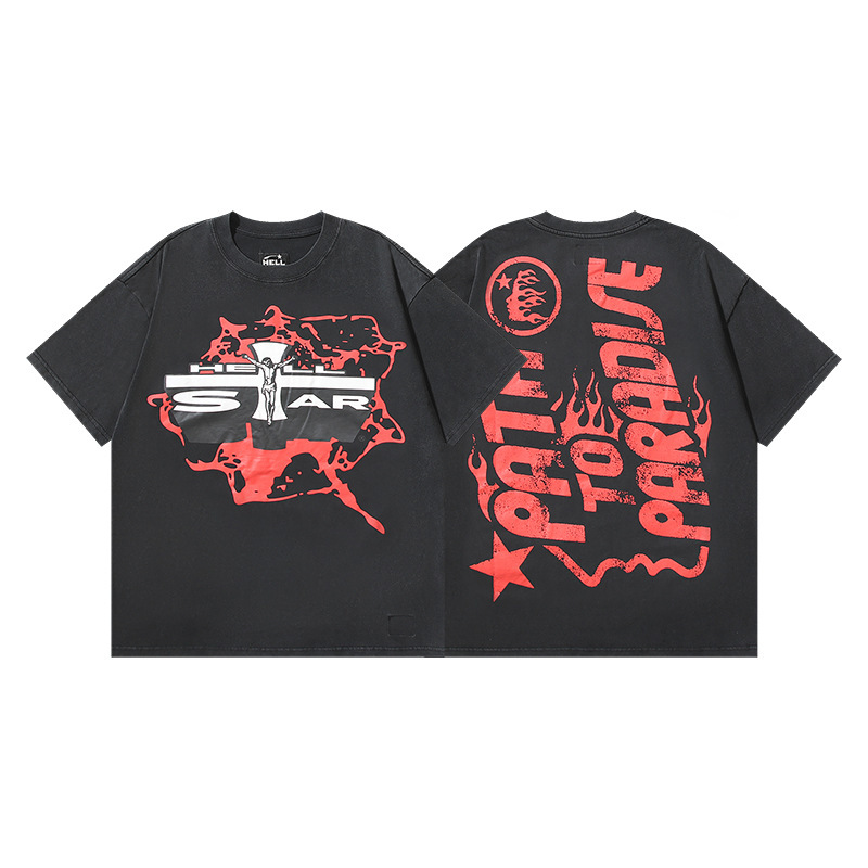 クロスボーダー Hellstar Tシャツ 2025年夏 欧米トレンドブランド レタープリント ゆったり半袖Tシャツ 男女兼用|undefined