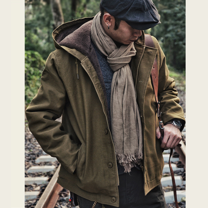 Ropa de trabajo retro de invierno ropa de algodón acolchado al aire libre N1 ropa de cubierta de moda forrada de lana engrosada ropa acolchada de algodón de los hombres abrigo de lana de cordero con capucha