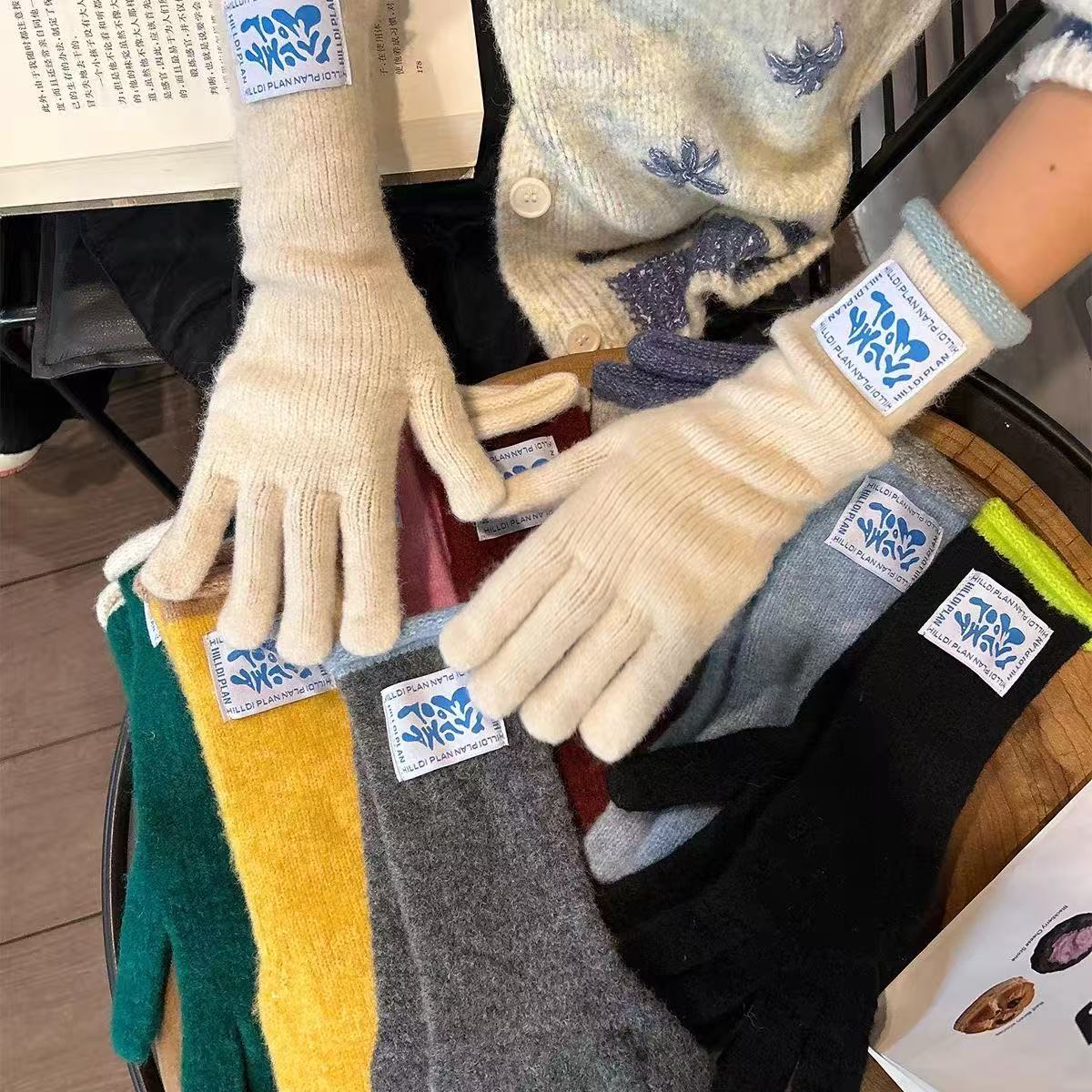 Exported to South Korea, Wool-Containing Contrasting Color Extended Gloves, Autumn and Winter Warm and Cute Touch-Screen Versatile Fingered Knitted Gloves