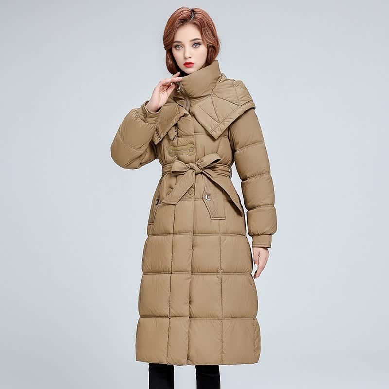 Knielange gewatteerde pufferjas met capuchon – dames dikke winterjas, slim-fit oversized silhouet (L-4XL, zwart/taupe/kaki/legergroen)_voghion.com