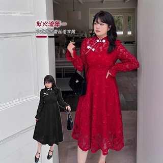 k2946大码女装复古国风蕾丝加绒长裙微胖女孩衣服小A版连衣裙