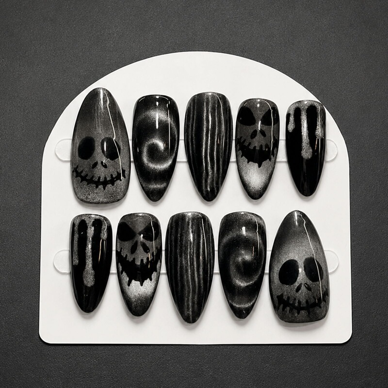 Halloween nail art, press-on nails, skull nails, cross-border nail pieces, almond-shaped dark pumpkin fake nails