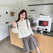 实拍~法式甜美系带荷叶边衬衣+复古格子百褶半身裙女装秋季新款