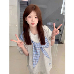 美式蝴蝶结格子印花绑带短袖T恤女夏季宽松情侣oversize休闲上衣