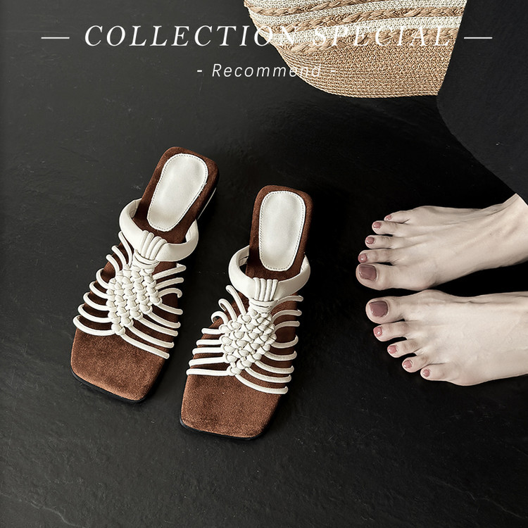 Dép sandal nữ quai chữ V đan tay thoáng khí, đế dày mềm chống trượt — màu be, bạc