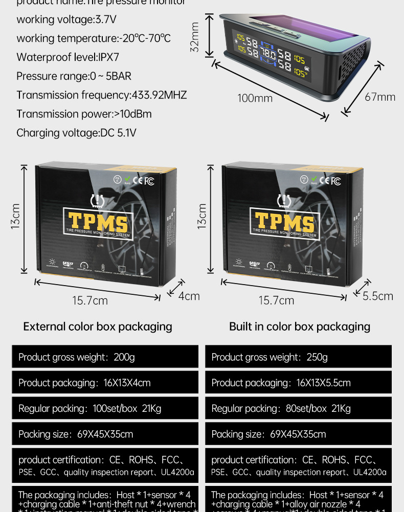 Solar-Powered Tire Pressure Monitoring Tire Pressure Monitor Tpms Tire Pressure Detection Tire Pressure Detector Cross-Border E-Commerce