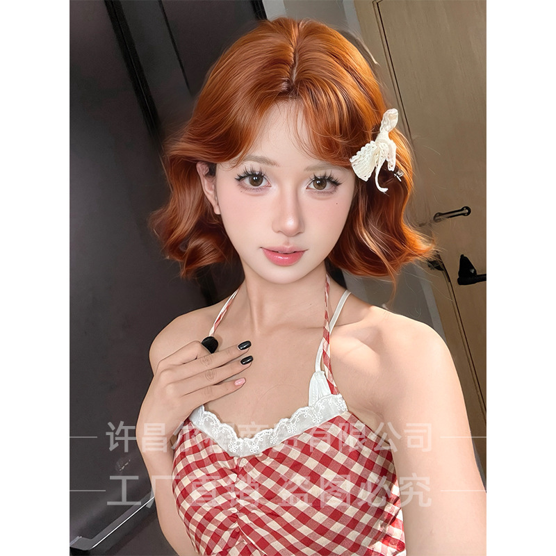 Erying new short curly hair wig women's forehead lace caramel orange brown realistic natural full head cover wig