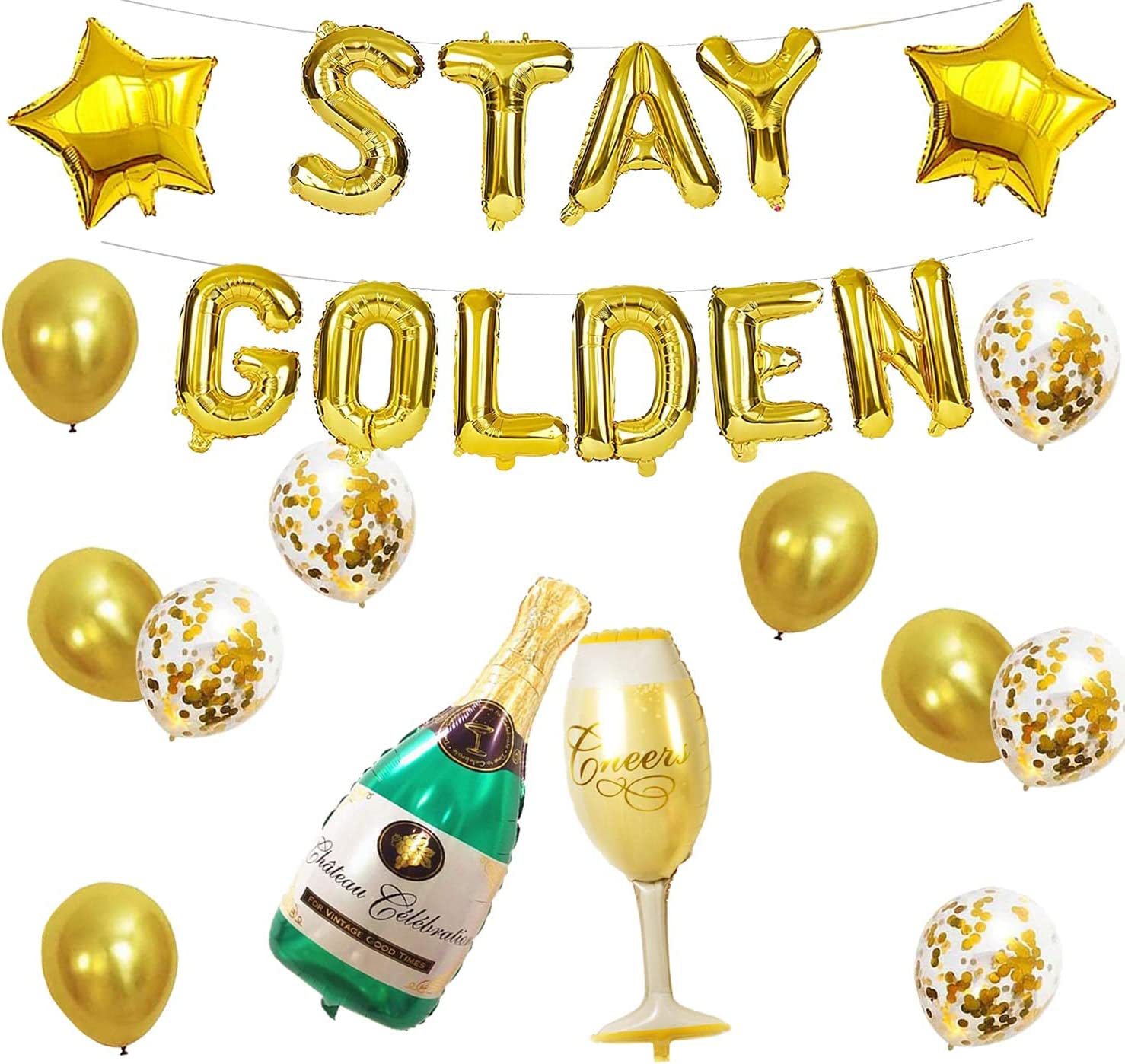 STAY GOLDEN生日金色五角星香槟酒杯气球场地布置派对装饰亮片