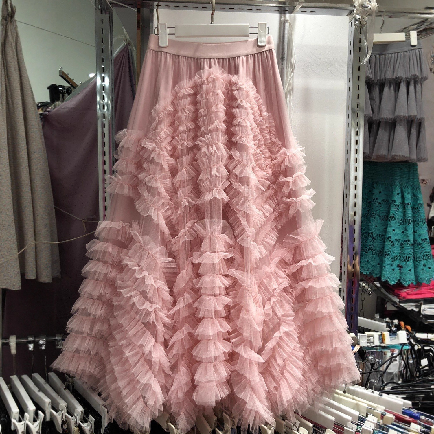 外贸跨境设计感高端网纱重工超级大摆长裙显瘦遮胯华丽蛋糕裙