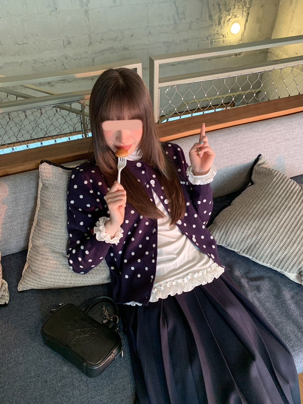 你好卡农 撞色波点提花针织开衫女秋季慵懒甜美风简约百搭上衣薄|undefined