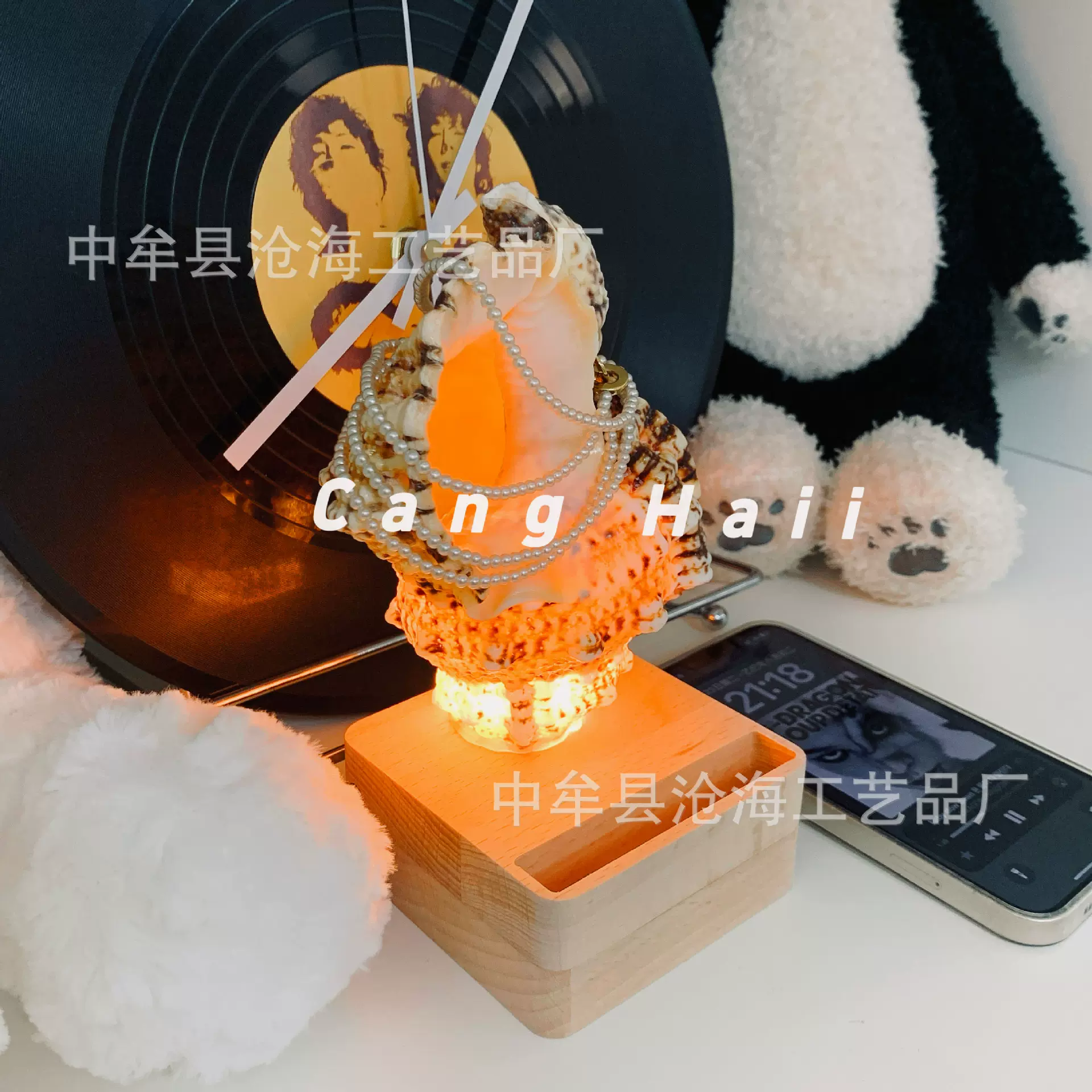 创意海螺实木黑胡桃木手机支架桌面简约天然海螺贝壳扩音器